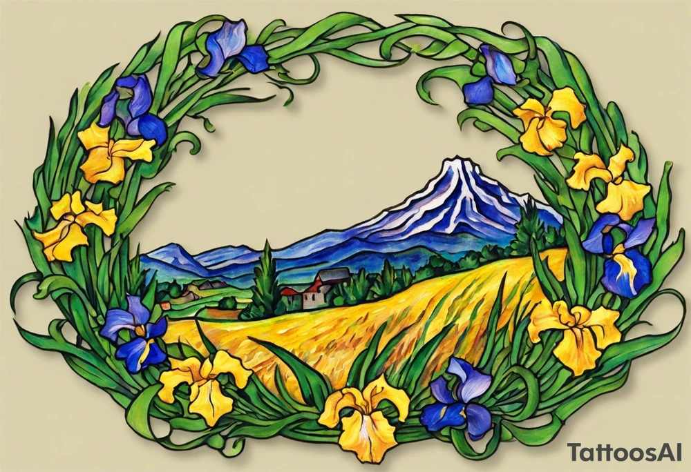 Create a small colorful Vincent van Gogh Irises tattoo in the form of a crescent, with vines or Celtic knots gracefully intertwining at a central point in the middle of the wreath.  In the middle of the wreath are mountains and other items found in New Mexico. Ensure that the design avoids the appearance of a bush and maintains a more structured and deliberate arrangement. The intended placement is on the upper chest. The overall design should be small in size while maintaining a delicate and artistic aesthetic. Pay attention to the graceful flow of the vines and the placement of the irises to achieve a refined and elegant look. tattoo idea