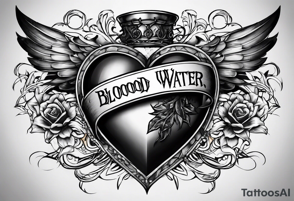 Heart pierced with daggers with a banner saying “blood is thicker than water “ tattoo idea