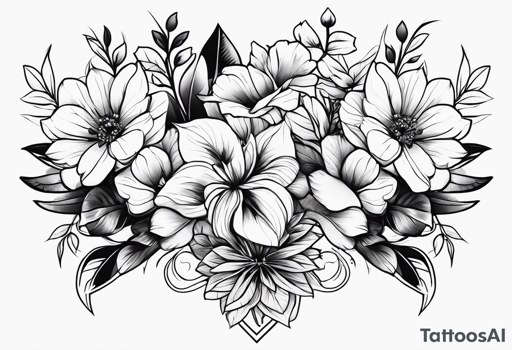 Flower bouquet with 5 flowers positioned up and down tattoo idea