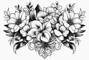 Flower bouquet with 5 flowers positioned up and down tattoo idea