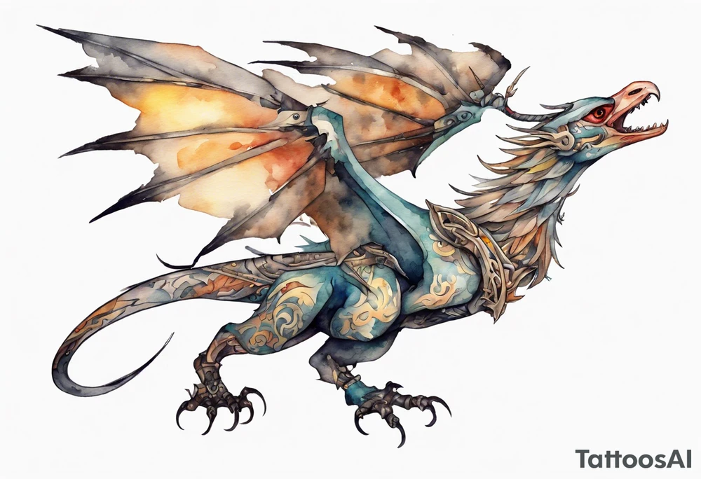 a watercolor of a bird-wyvern hybrid wearing an iron crown, flying tattoo idea
