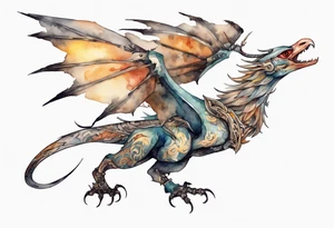 a watercolor of a bird-wyvern hybrid wearing an iron crown, flying tattoo idea