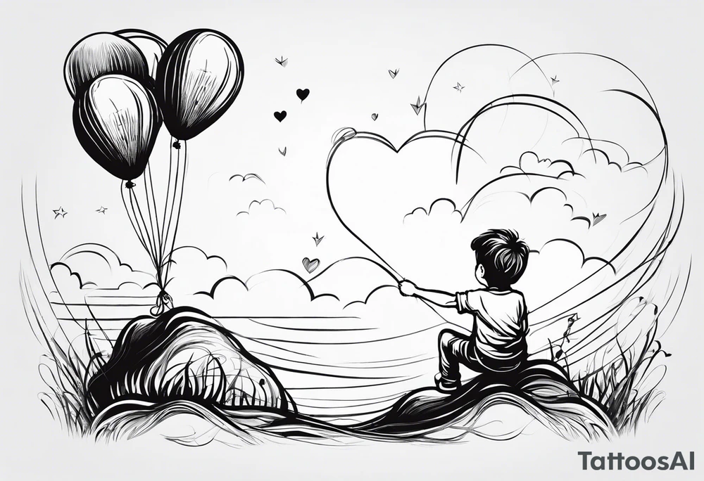 tatoo in sketch style only.
A little boy is holding a string to the hearth shaped small party baloon.
boy should be drawed from behind and has one hand reaching up in 45 degree angle and holding the baloon string
On the string is a wave which look like a hearbeat pulse.
draw it without any scenery, without any background. Just a boy 
Add heartbeat pulse on the string tattoo idea