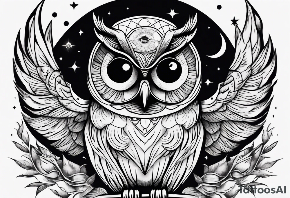 Wise Owl with the third eye flying towards the Dark Moon. tattoo idea Wise Owl with the third eye flying towards the Dark Moon. tattoo idea