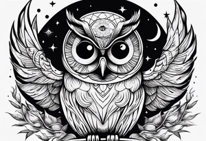 Wise Owl with the third eye flying towards the Dark Moon. tattoo idea
