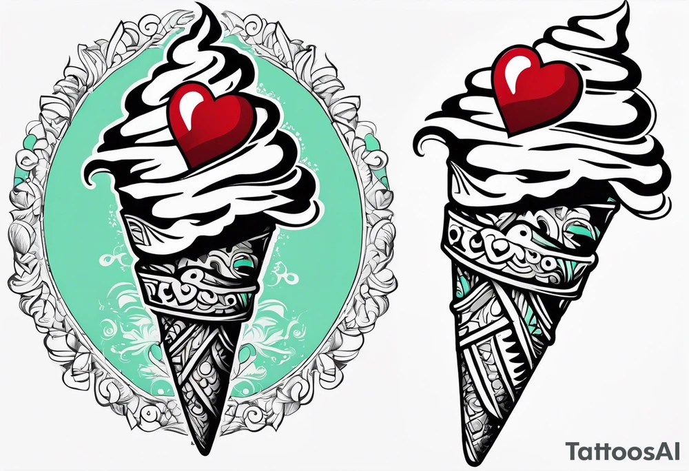 mint chocolate chip ice cream cone with small red heart on it somewhere. tattoo idea