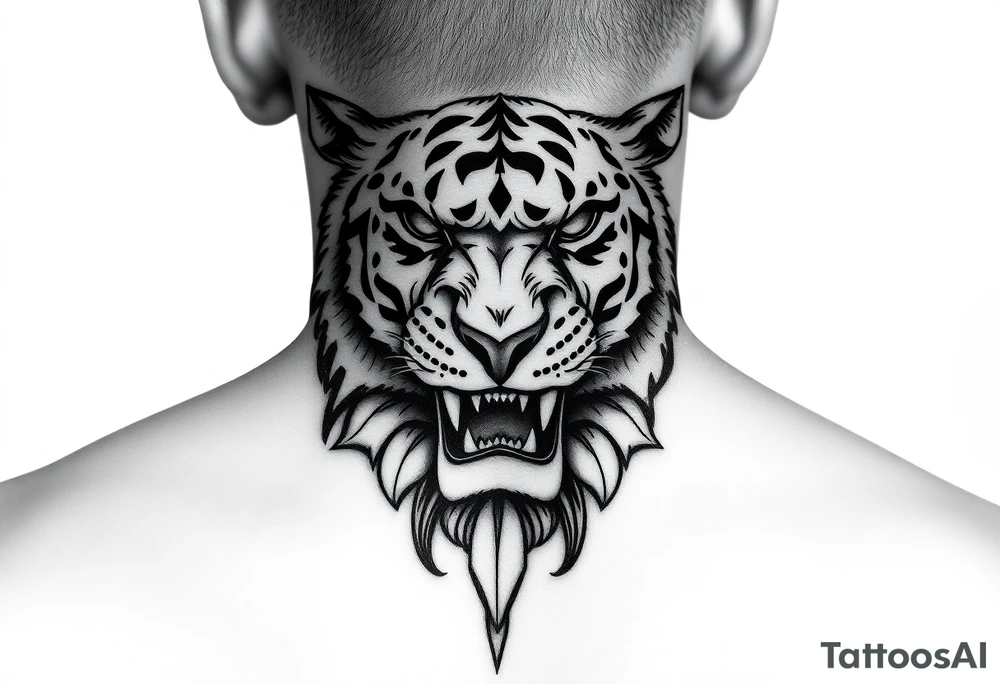 Bold cover up saying Evil Side from ear to ear on front of neck black and white leo tattoo idea