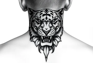Bold cover up saying Evil Side from ear to ear on front of neck black and white leo tattoo idea