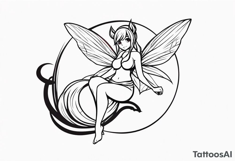 A fairy with a tail inspired by the logo of the show called Fairy Tail in a fetal position leaning in tattoo idea