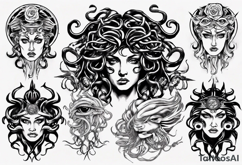 Powerful lusty Medusa white eyes tattoo idea