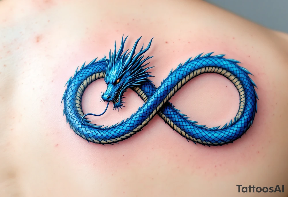 The design features a dragon, coiled in the shape of the infinity symbol (sideways number "8"). The dragon is depicted eating its own tail, symbolizing eternity and continuity, inspired by the Ouroboros.

Details:

The dragon's body has vibrant, glossy blue scales, with a smooth and polished texture.
It maintains a clean, balanced shape in the infinity figure, with sharp details and elegant flow.
Style:

The focus remains on the dragon's form, with no additional background elements to keep the design minimal and modern. tattoo idea