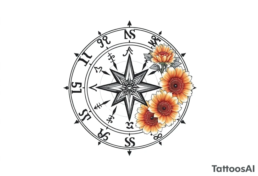 zodiac symbols the elements and Norse runes within ornate compass with roses lilly sunflowers tattoo idea