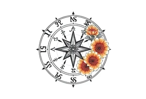 zodiac symbols the elements and Norse runes within ornate compass with roses lilly sunflowers tattoo idea