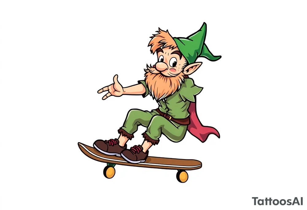 an old bearded peter pan riding a skateboard tattoo idea