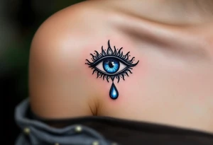 A black Nazar symbol (evil eye) with rich blue irises and a silver tear drop below. tattoo idea
