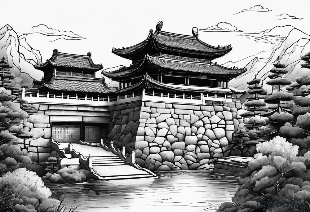Chinesischer see mit der Mauer im hintergrund und verschiedenen Tieren tattoo idea