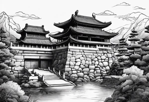Chinesischer see mit der Mauer im hintergrund und verschiedenen Tieren tattoo idea