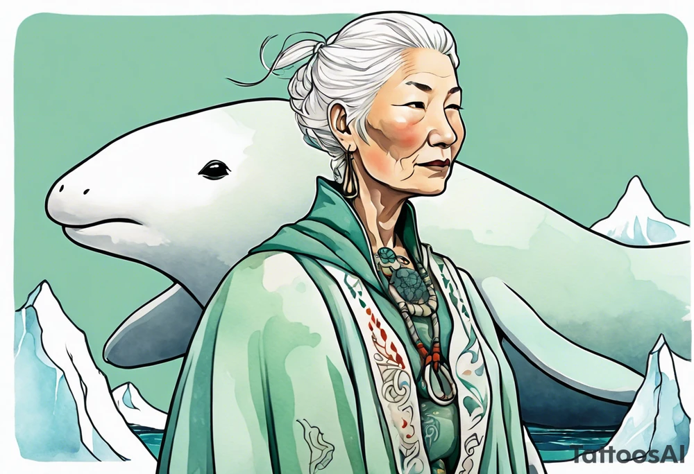 a 55-year-old Sami woman with white  hair wearing a white and mint cloak standing on an iceberg with one narwhal in the background tattoo idea