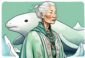 a 55-year-old Sami woman with white  hair wearing a white and mint cloak standing on an iceberg with one narwhal in the background tattoo idea