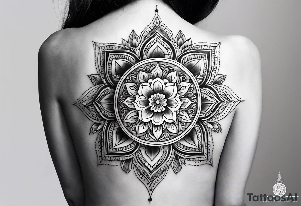 Ornamental Mandala Tattoo on Woman’s Spine,flower,moon,balance,eternity,perfection,love,patience,rising out of suffering tattoo idea
