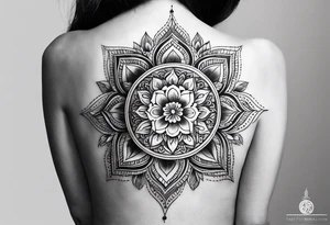 Ornamental Mandala Tattoo on Woman’s Spine,flower,moon,balance,eternity,perfection,love,patience,rising out of suffering tattoo idea