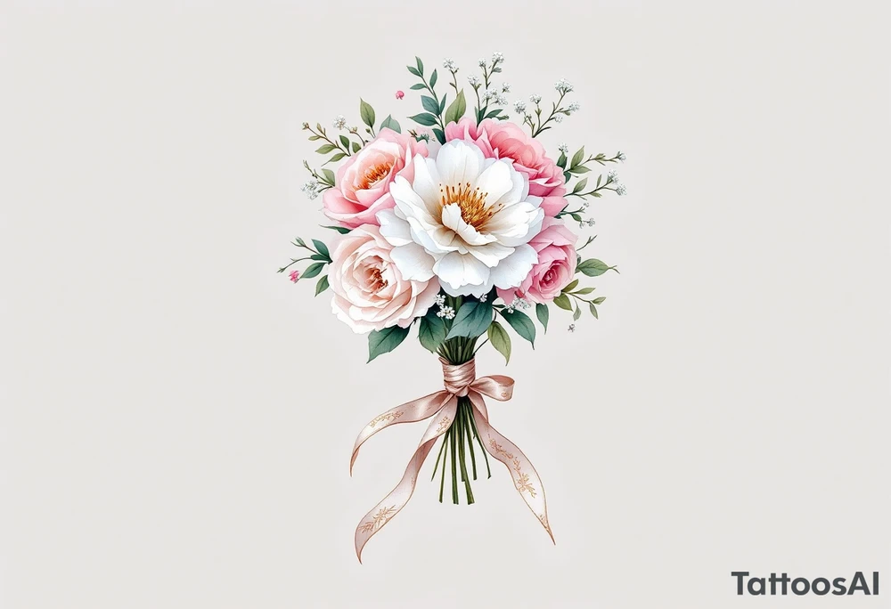 A delicate, hand-tied bouquet of roses, peonies, and baby’s breath, with soft pink, ivory, and pastel peach petals. The stems are wrapped in a silk ribbon with golden embroidery, flowing gently in the wind. Subtle watercolor shading creates a dreamy, romantic feel. tattoo idea