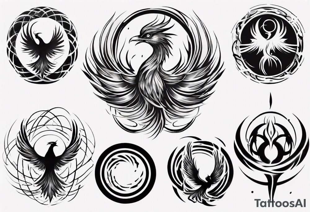 Phoenix rising blending in circles tattoo idea Phoenix rising blending in circles tattoo idea
