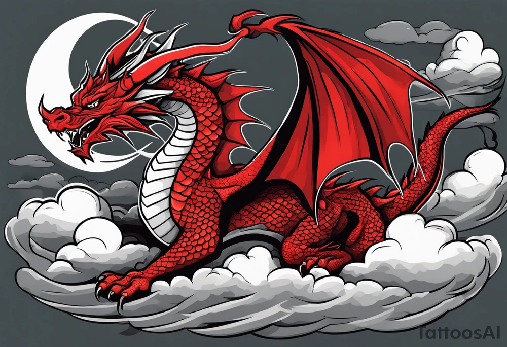 A red dragon emerging from the gray and black layered clouds in a sky where lightning flashes tattoo idea