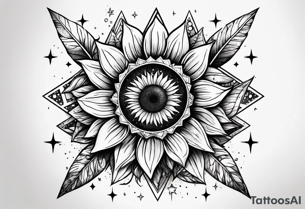 small sunflower surrounded by cosmic stars and arrow tree tattoo idea