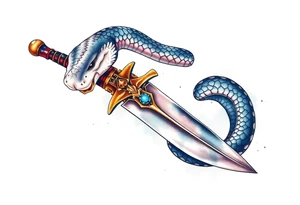 mystical snake coiled around an ancient dagger with jeweled hilt tattoo idea