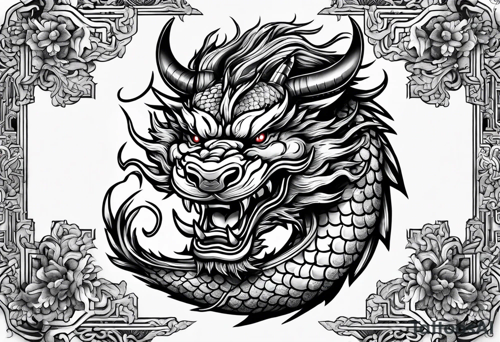 Chinese dragon fighting a bull tattoo idea
