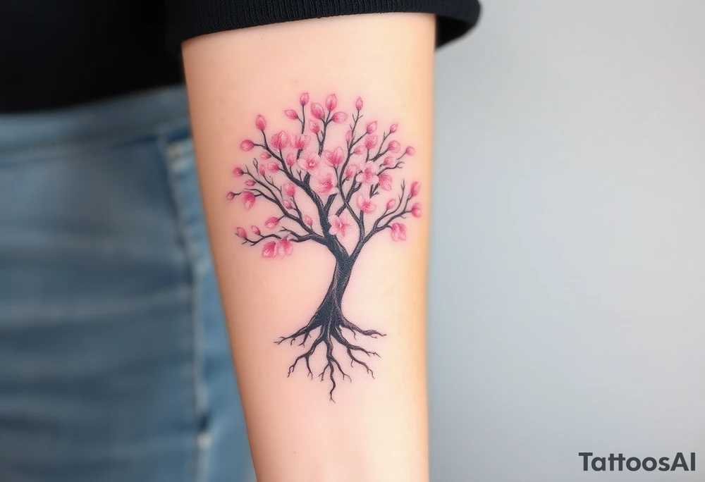 A delicate cherry tree with deep roots and lush soft pink petals, representing beauty, life, and fleeting yet precious family moments tattoo idea