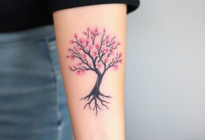 A delicate cherry tree with deep roots and lush soft pink petals, representing beauty, life, and fleeting yet precious family moments tattoo idea