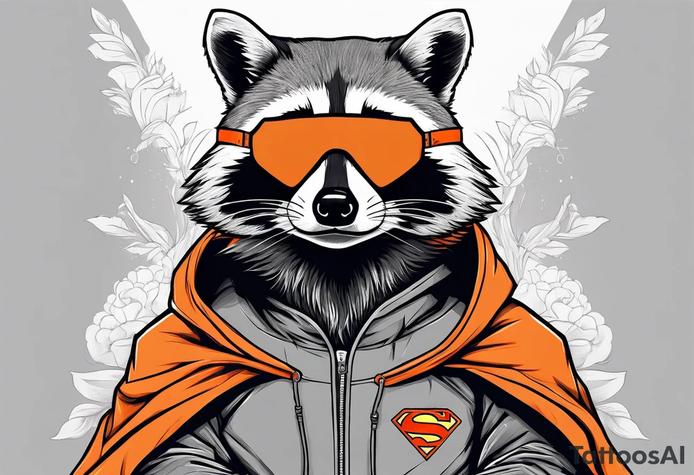 Raccoon wearing an orange Superman hoodie tattoo idea