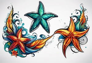 set of 3 star fish of with 3 different bright colors tattoo idea