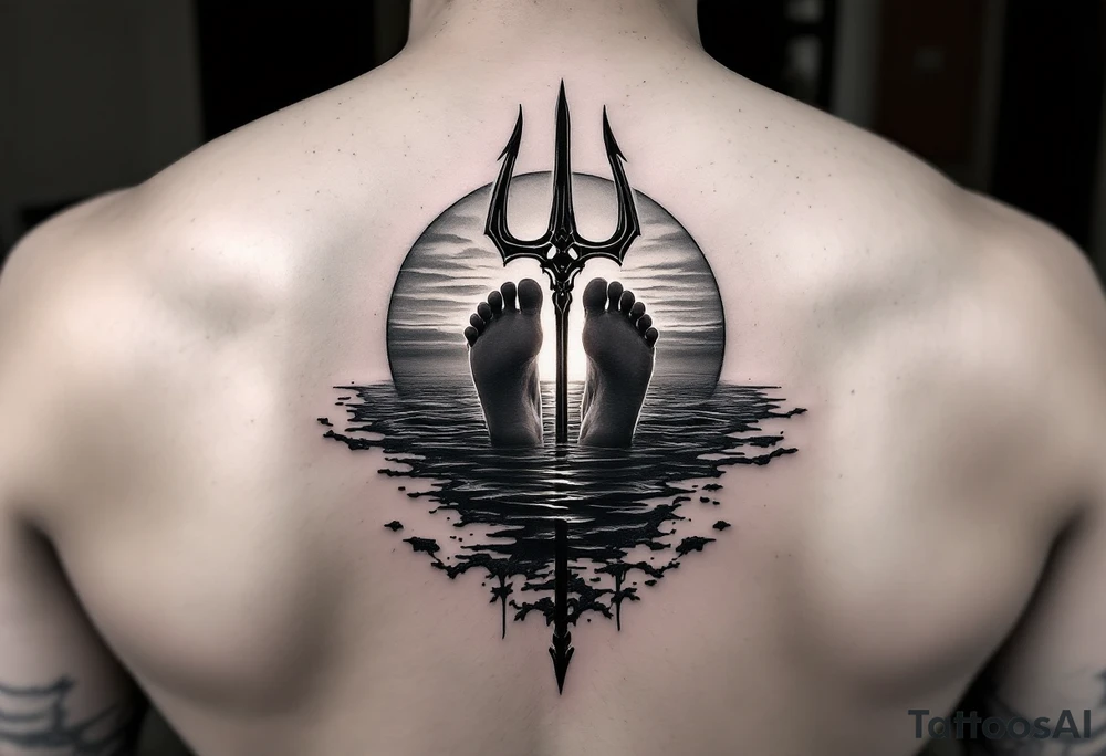 barefeet behind trident with water and sunset tattoo idea