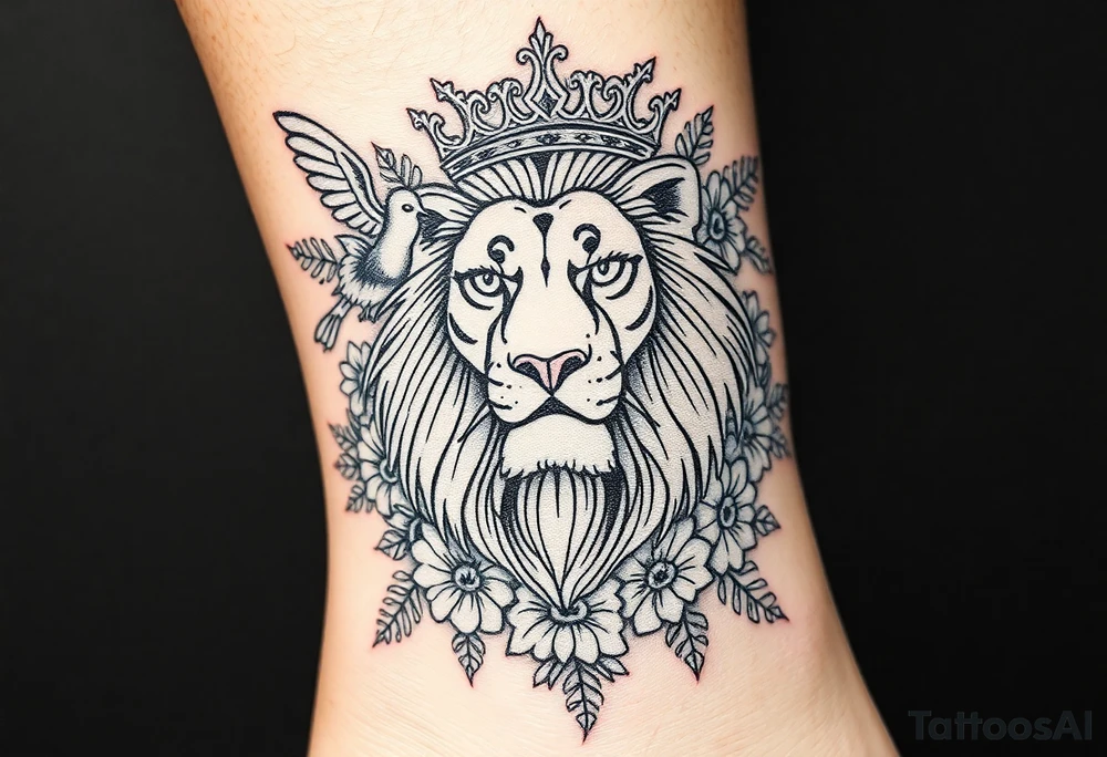 powerful majestic lion with a crown, surrounded by floral ornaments and birds tattoo idea
