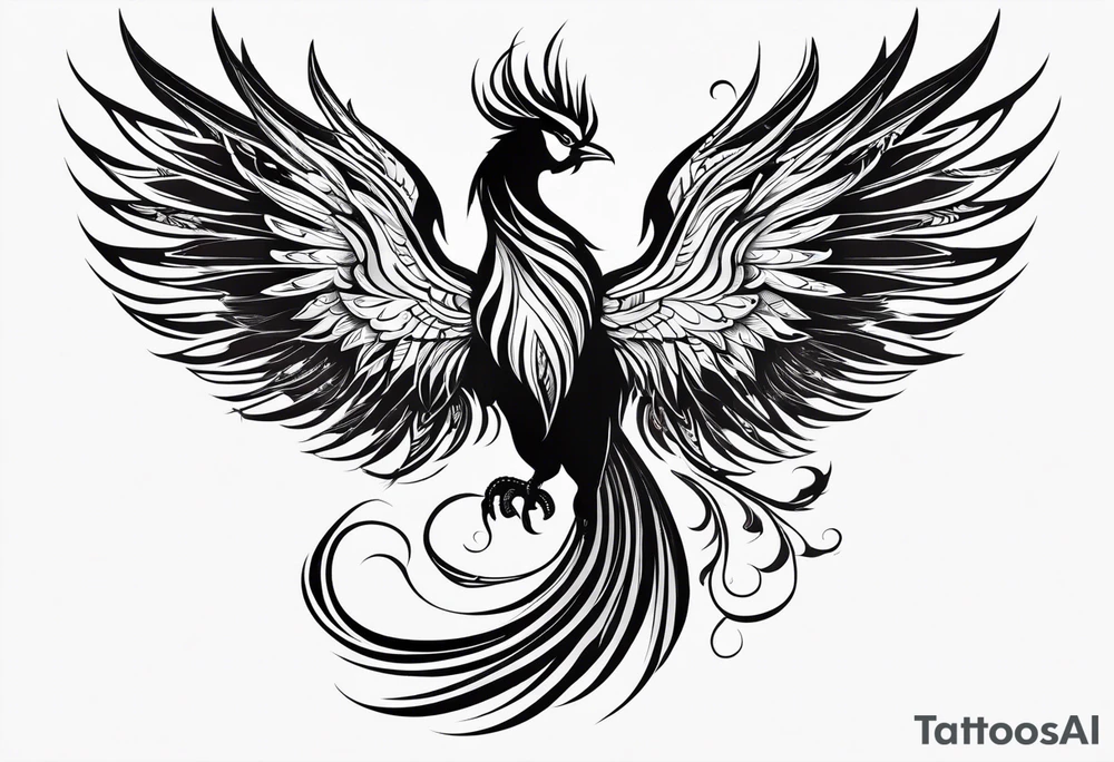 tribal pheonix with long tail curling tattoo idea