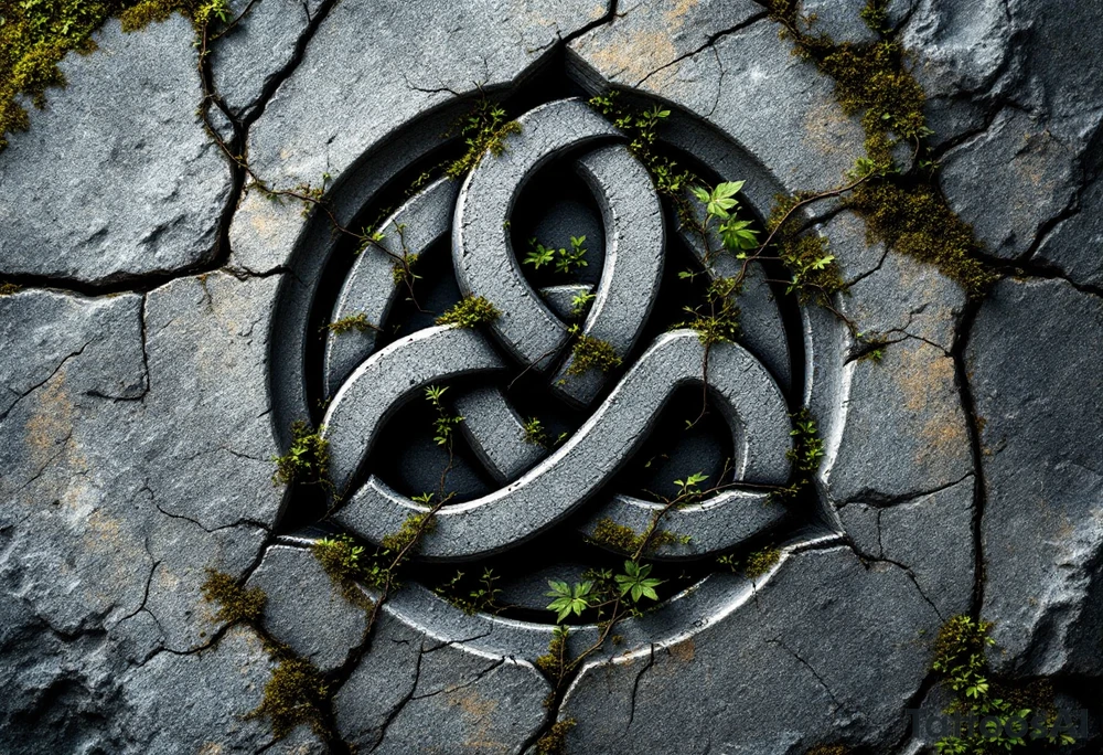 Celtic Trinity Knot with Stone Texture and Vines – A bold, interwoven Celtic triquetra (trinity knot) carved into weathered stone, with fine moss and ivy vines wrapping through the loops. The design is textured like ancient granite, in stone gray, deep forest green, and subtle earthy brown tones, evoking timelessness and natural connection. tattoo idea