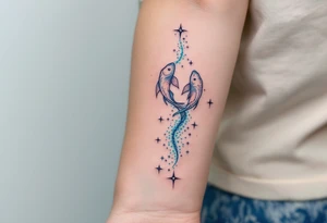 The Pisces constellation is dotted with tiny aquamarine stars that flow like water along the spine. tattoo idea