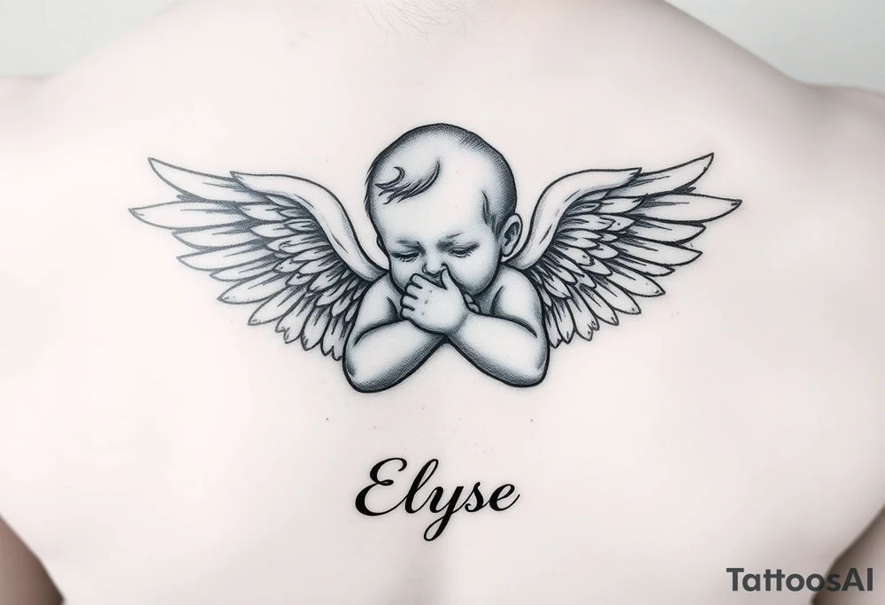 Create baby angle with closed wings, hand crossed and her name Elyse in the image tattoo idea