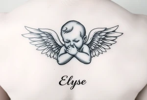 Create baby angle with closed wings, hand crossed and her name Elyse in the image tattoo idea