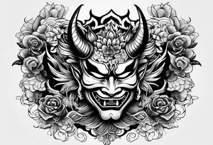 Um homem com a cabeça raspada usando uma máscara de hannya tattoo idea