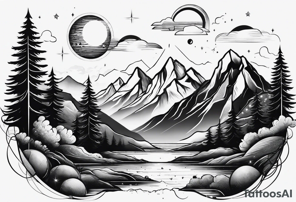 Mountains and planets in a line tattoo idea