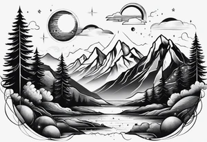Mountains and planets in a line tattoo idea
