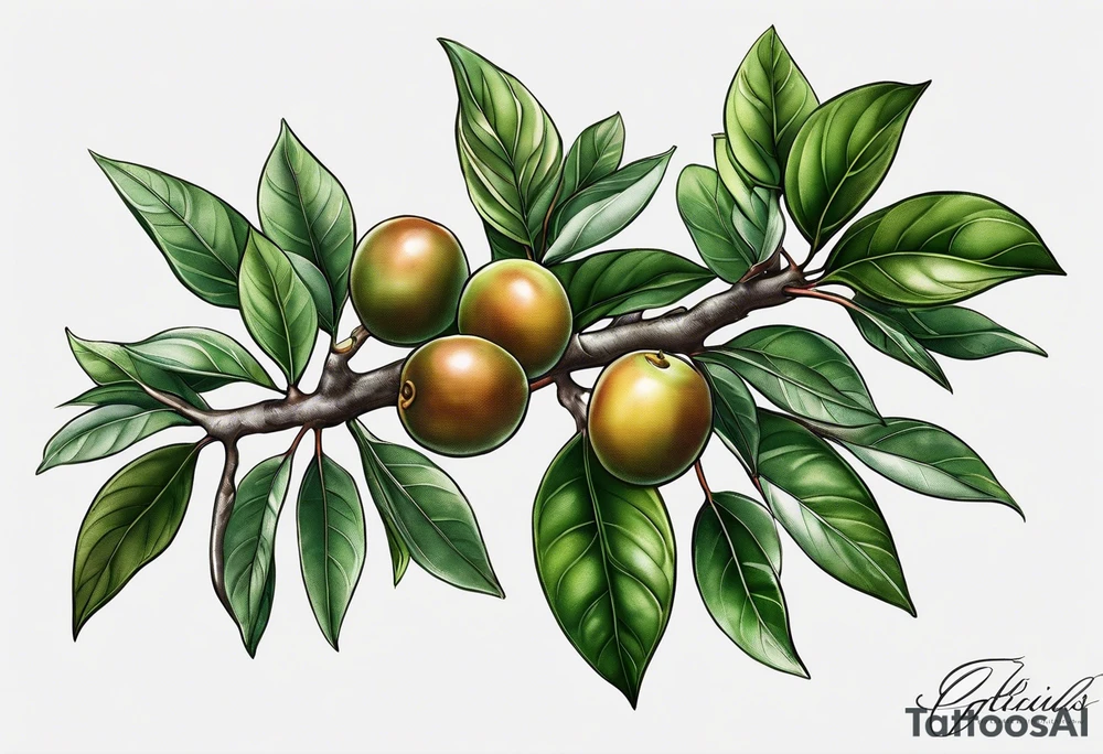 A ficus edulus branch with 3 greenish-brown fruits and multiple leaves tattoo idea