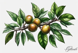 A ficus edulus branch with 3 greenish-brown fruits and multiple leaves tattoo idea