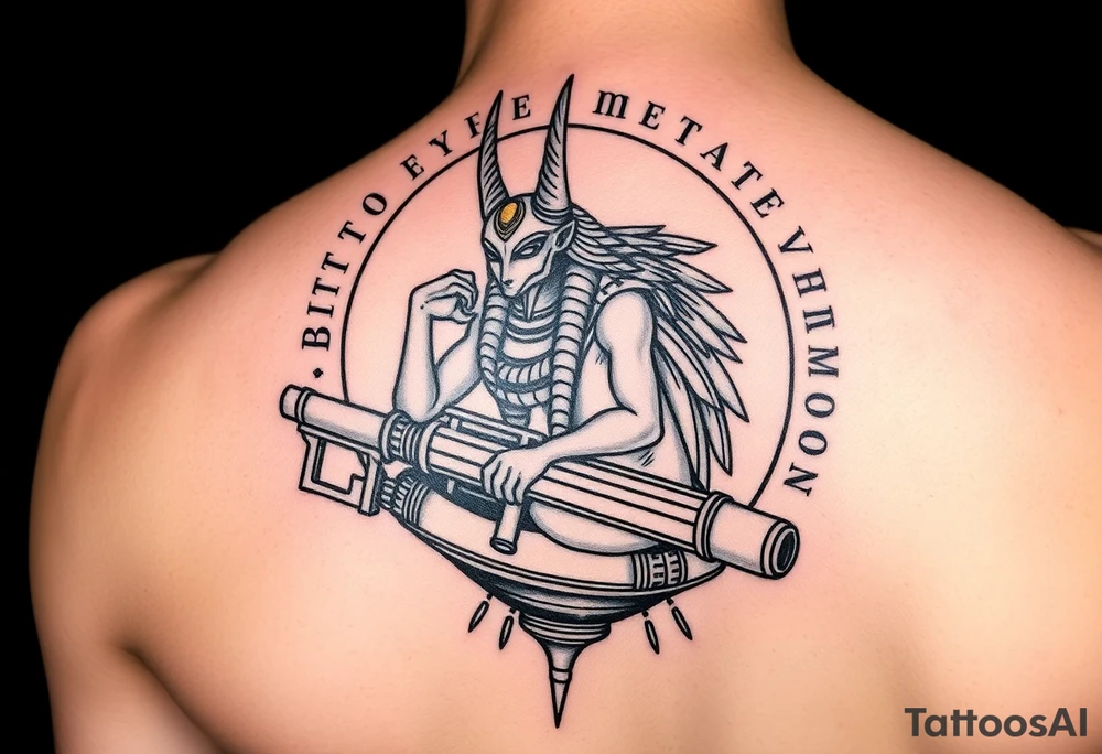 "Anubis in a ufo, holding a tommy gun. . Hieroglyph background spells 'BTC TO THE MOON'.  

Style: Art Deco meets cyber-Egyptian. Black/red/gold ink. Forearm sleeve." tattoo idea