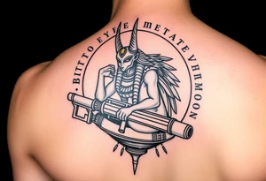 "Anubis in a ufo, holding a tommy gun. . Hieroglyph background spells 'BTC TO THE MOON'.  

Style: Art Deco meets cyber-Egyptian. Black/red/gold ink. Forearm sleeve." tattoo idea