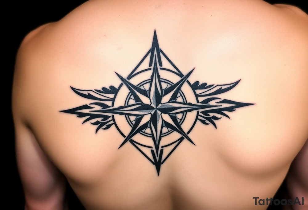 A sharp edged rip curl wave inside of an elongated diamond infront of a compass rose tattoo idea